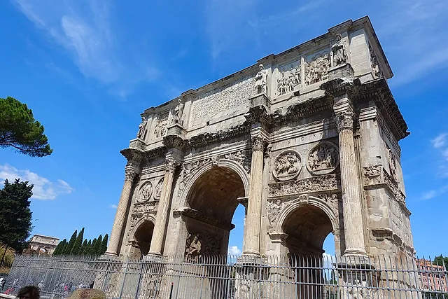 The Arch of Constantine, with its three openings and carved reliefs