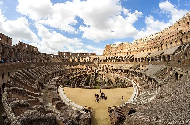 The arena of the Colosseum with the rebuilt floor and the tiers of seating around it