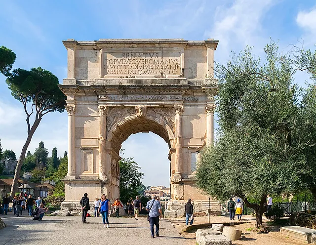 The Arch of Titus, a single-arched triumphal arch at the top of the Via Sacra