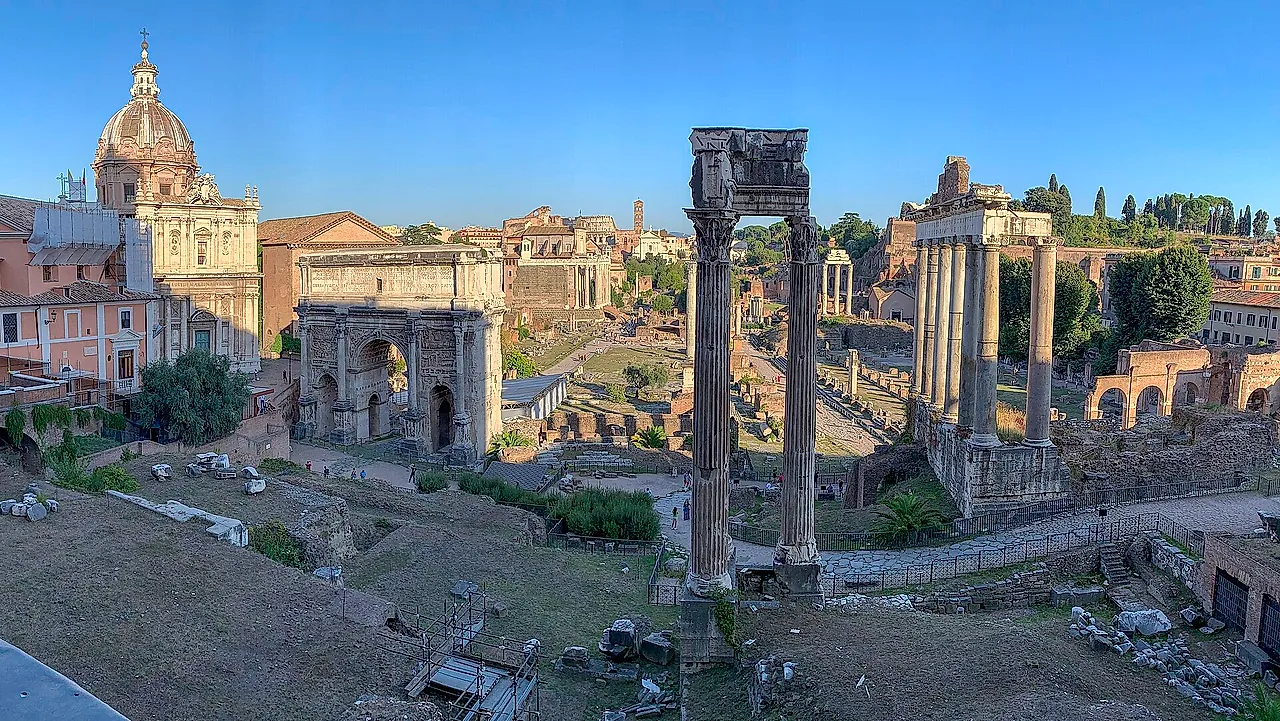 Panorama of the Roman Forum with the Arch of Septimius Severus and rows of ancient columns