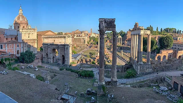 Panorama of the Roman Forum with the Arch of Septimius Severus and rows of ancient columns