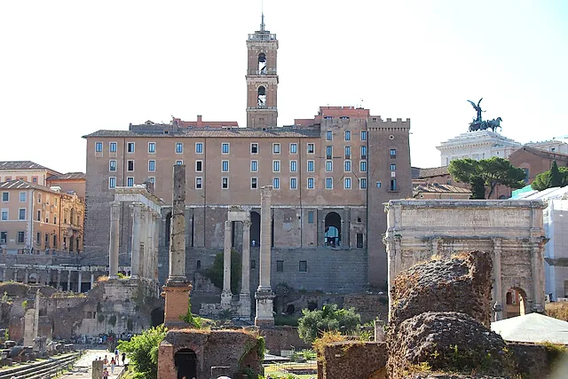 The Tabularium and the Palazzo Senatorio above the Roman Forum, with the Arch of Septimius Severus on the right